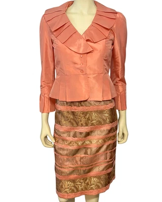Teri Jon Sz 4 Skirt Suit Peach Silk Ruffle Collar Jacket Pencil Skirt 2 Pc MOTB - Image 1 of 4