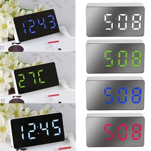 Mini Digital LED Alarm Clock Large Mirror Display USB Snooze Temperature Mode US - Picture 1 of 15