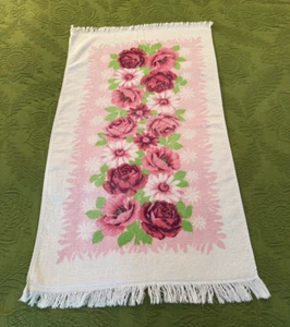 Asciugamano da bagno vintage anni 70 rosa fiore power con frange - Foto 1 di 13