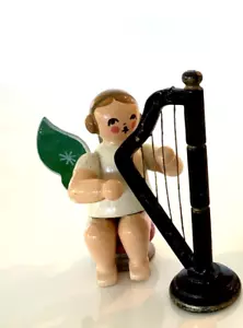 Vintage Erzgebirge anni 50 KURT KUHNE angelo musicista che suona arpa legno tedesco - Foto 1 di 9