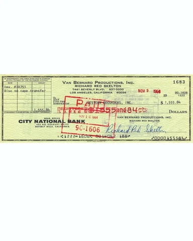 Red Skelton Reproduction Cancelled Check and 8 x 10 Photo Cover