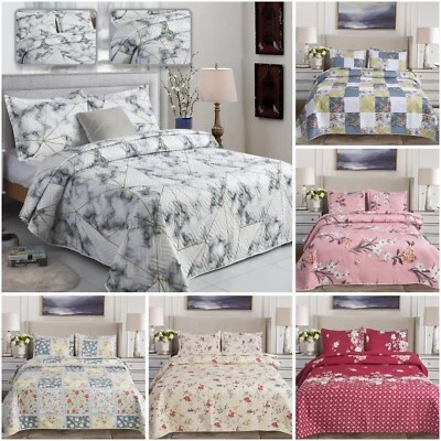 3 Pcs Patchwork Bedspread Reversible Quilt Comforter Bed Throw Set Double & king - Image 1 of 4