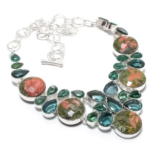 Unakite, Apatite Handmade 925 Silver Plated Jewelry Necklace 18" K4138 - Picture 1 of 1