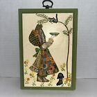 Vintage Holly Hobbie Wood Picture Hand Painted Wall Plaque Girl And Cat 7"