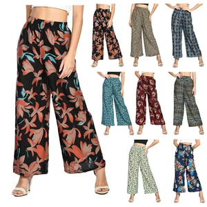 2-Pack Women's Soft Cotton Blended Loose Fit Wide Leg Palazzo Printed Pants - Picture 1 of 17