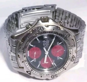 Vintage Men Actua Watch Chrono Compass Silver Case Steel Band Black Face Red Acc - Picture 1 of 12