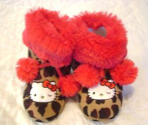 NWT Girls Slipper Boots HELLO KITTY Leopard RED Pom Pom Sz 11 12 Warm Soft NEW