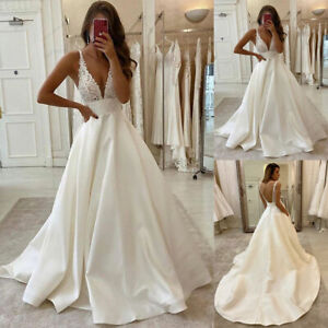 V-neck Satin Lace Simple Wedding Dresses A-line Spaghetti Strap Backless Gowns