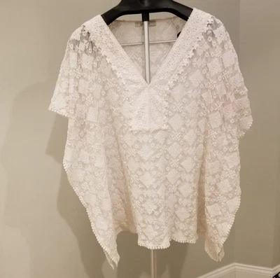 Ella Moon White Heavily Emboidered Top Poncho w Lace Trim, Sz XL - Image 1 of 4