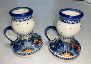 BOLESLAWIEC-Pair Polish Pottery Matching Handle Candlesticks Floral Flowers RARE - Picture 1 of 8