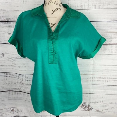 Chicos 1P Popover Top Womens Mp Green Linen Blend Button Front Placket Classic - Image 1 of 4