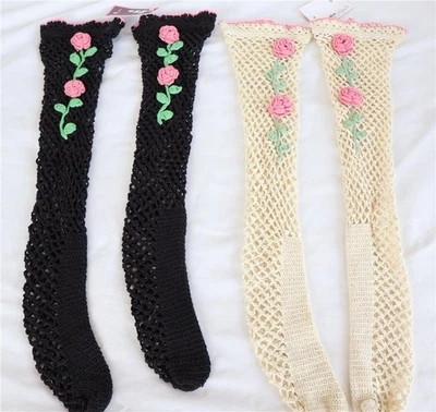 2 Pair Frankey's Crochet Fishnet Rose Knee Highs NWT - Image 1 of 4