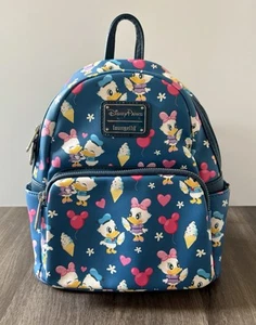 Disney Loungefly Chibi Donald Duck Daisy Duck Love Ice Cream Blue Mini Backpack - Picture 1 of 10