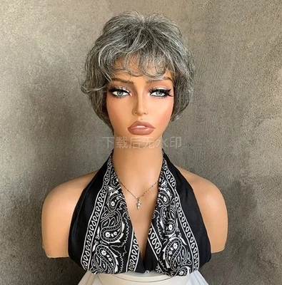 Perucas femininas curtas de cabelo humano corte pixie sal e pimenta com franjas coroa base de seda - Imagem 1 de 4