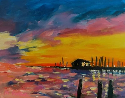 Pintura Expresionismo Abstracto Mona Vivar Original 11x14 Colorido Muelle Oceánico Foto 1 de 4