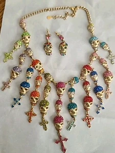 KIRKS FOLLY Crystal Skull Necklace & Earrings 30 Skulls! - Picture 1 of 10