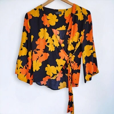 Top envolvente floral Topshop Big Bloom corbata lateral para mujer XS S 2 azul naranja amarillo Foto 1 de 4