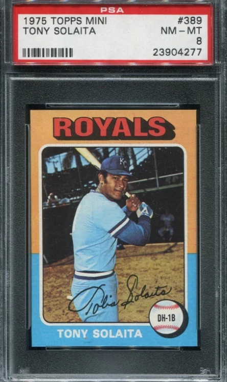 PSA 8 NM-MINT 1975 TOPPS MINI TONY SOLAITA #389 ROYALS B131 04277 - Image 1 of 1