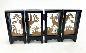 Chinese Cork Scene Lacquered Wood Glass Miniature 4 Panel Folding Screen