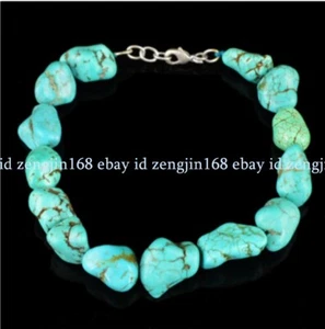 HUGE NATURAL 15X20MM NUGGET BLUE TURQUOISE GEMSTONE BEADS BRACELET 7.5" AAA++ - Picture 1 of 12
