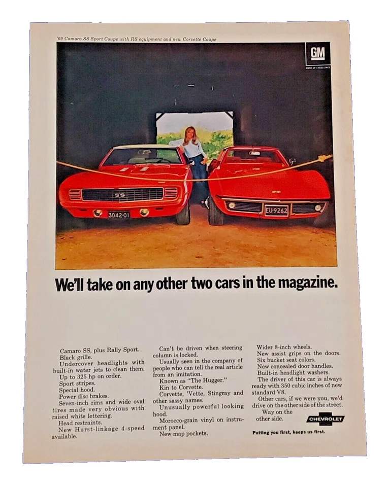 Chevy Corvette Stingray 1969 y Camaro SS 1969 anuncio impreso original American Muscle Foto 1 de 1