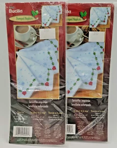 Bucilla FLURRY FUN Stamped Napkins for Embroidery - 8 NOS 84628 Christmas VTG - Picture 1 of 6