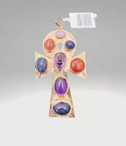 Ciondolo in oro Ankh con pietre preziose multicolore 14KRG - buone condizioni - Foto 1 di 6