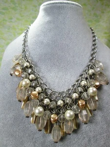 NY New York & Co Acrylic Ivory & Champagne Beaded Cluster Necklace 17"-20" / D - Picture 1 of 8