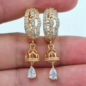 18K Yellow Gold Filled Luxury Clear Topaz Bell Dangle Huggie Earrings Jewelry - Picture 1 of 2