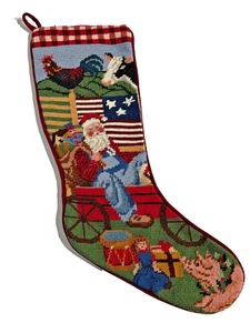 NEW Handmade Wool Needlepoint Christmas Stocking Patriotic Farmer Santa Farming - Picture 1 of 4
