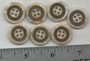7 BUTTONS Intricate 3/4"  Mother of Pearl Look with Embossed Metal  Ring 4-Hole