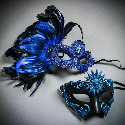 Blue Venetian Warrior God Luxury Feather Men Women Masquerade Halloween Mask SET - Image 1 of 3