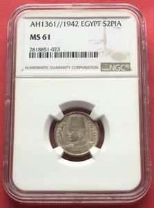 EGYPT , 2 PIASTRES  KING FAROUK 1942 NGC MS 61 ( BL ) , RARE - Picture 1 of 2