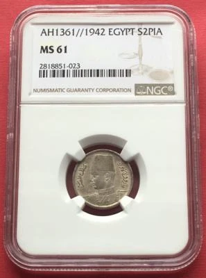 EGYPT , 2 PIASTRES  KING FAROUK 1942 NGC MS 61 ( BL ) , RARE - Image 1 of 2