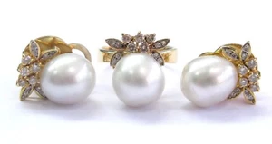 14Kt South Sea Pearls & Diamond Yellow Gold Ring & Earrings 11mm .65Ct - Imagen 1 de 5