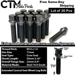 20x Black 14x1.5 Conical Lug Bolt 55mm Shank Fit Aftermarket Rim 8-12mm Spacer - Picture 1 of 6