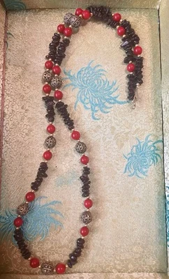 VintageMulti Gemstones Beads  Red Coral, Amethyst & Feligree Gold Beads Necklace - Image 1 of 4