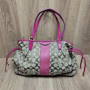 Coach Signature rosa Streifen Kordelzug Kiss Lock Beuteltasche Schultertasche Umhängetasche Handtasche - Bild 1 von 21