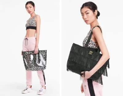 NWT PUMA CHARLOTTE OLYMPIA 2-in-1 LEOPARD CLEAR PVC PRINT BLACK FRINGE TOTE BAG - Image 1 of 4
