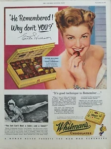 1951 Whitman's chocolate caramelo caja de muestra Esther Williams anuncio de natación - Imagen 1 de 1