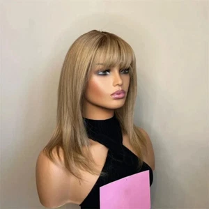 Human Hair Wigs with Bangs Glueless 180% Density Ombre Ash Blonde Straight Wigs - Picture 1 of 11