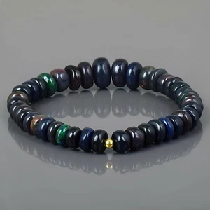 Natural Black Ethiopian Fire Opal Gemstone Rondelle Beads Stretchy Bracelet 22CM - Picture 1 of 5
