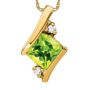 10K Solid Yellow Gold Cushion-cut Peridot Diamond Floating Chain Slide Necklace - Picture 1 of 4