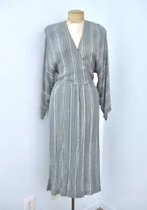 Vtg 80s Sybil Gray Stripe Loose Mesh Retro 40s Dress Dolman Slvs Pockets S - Picture 1 of 6
