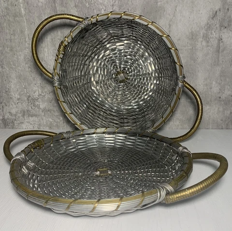 Set of 2 Vintage Aluminum and Brass Metal Woven Handled Baskets 10" Cover