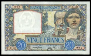 FRANCE 20 FRANCS SCIENCE ET TRAVAIL 1941 XF+ ONLY 2 MICRO PIN HOLES ! BANKNOTE - Picture 1 of 2