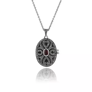 Art Nouveau Stile Ovale Granato E Marcasite Medaglione Ciondolo IN 925 Argento - Foto 1 di 1