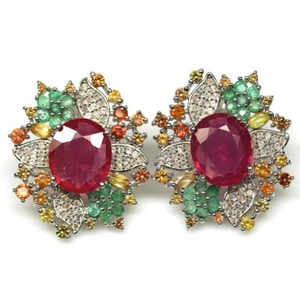 925 Sterling Silver 9 x 11 mm. Red Ruby, Emerald, Sapphire & Zircon Earrings - Picture 1 of 4