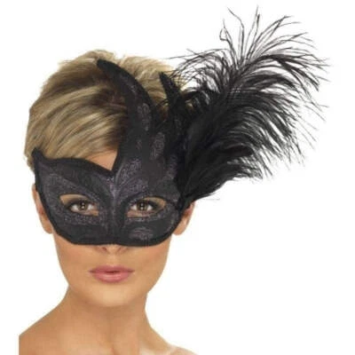 Ornate Colombina Feather Mask Adult Black Costume Accessory - Image 1 of 2