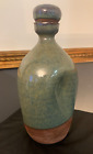 Hand Thrown(?) Redware Pottery Bottle With Corked Lid Green & Blue Folk Art